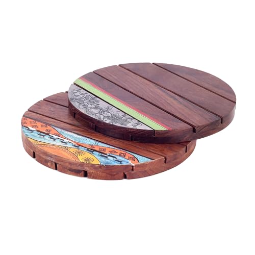 Image of AAKRITI ART CREATIONS Woodland Retreat Round Trivets | Floral Art | Brown Rosewood Trivets Set of 2 | Matte Finish Heat Resistant Coasters | Dining Table & Kitchen