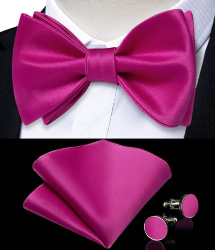 Image of DiBanGu Solid Color Bow Ties for Men Formal Satin Self Tied Bowtie with Lapel Pin Pocket Square Cufflinks for Wedding Party