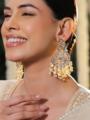 Image of Rubans Chandelier Earrings Kundan Pearl Traditional Jewellery Wedding Festive Gift for Women & Girls