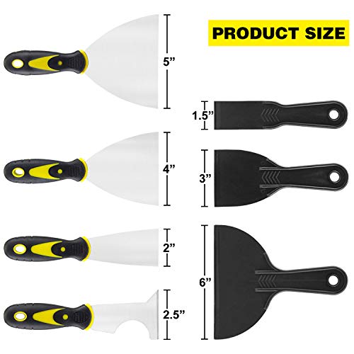 7PCS Putty Knife Scraper Set, Stainless Steel & Plastic Spackle Knife, 5 in 1 Painter Tools, Flexible Taping Knife for Glass, Drywall, Decals, Wallpaper Scraper, 1.5\'\', 2\'\', 2.5\'\', 3\'\', 4\'\', 5\'\', 6\'\'