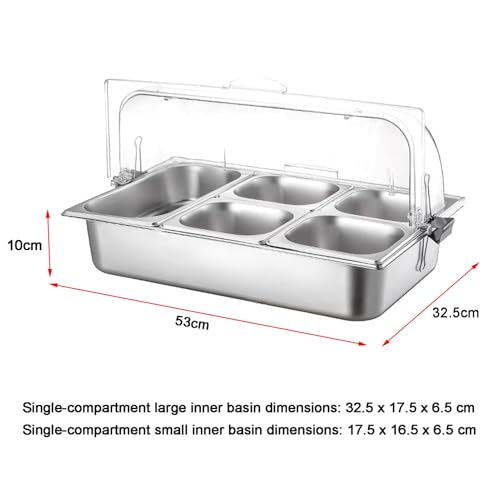 Bandeja de acero inoxidable con parte superior enrollable transparente, dispensador de condimentos de buffet y estante de exhibición de alimentos, estante de barra de ensalada de hielo, 15 cm, 6