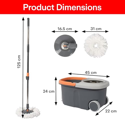 Image of Prime Pick Spin Mop with Stainless Steel Wringer & Big Wheels | 360 Rotating Mop, Adjustable Handle | Easy Floor Cleaning Bucket Set with 2 Microfiber Refills - Grey & Orange (46 x 24 x 22 cm)