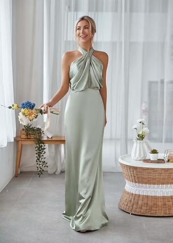 Halterneck Bridesmaid Dresses for Women 2025 Satin Pleated Formal Wedding Guest Dress Floor Length3