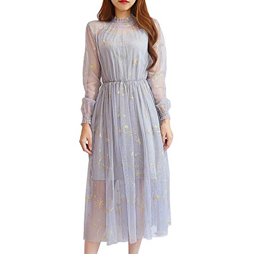 YOUMU Women Summer Chiffon Dress Stars Moon Print Embroidered Skirt Long Puff Sleeve Princess Dress