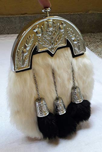 Scottish Kilt Original White Rabbit Fur Full Dress Sporran Antique Chrome Cantel2