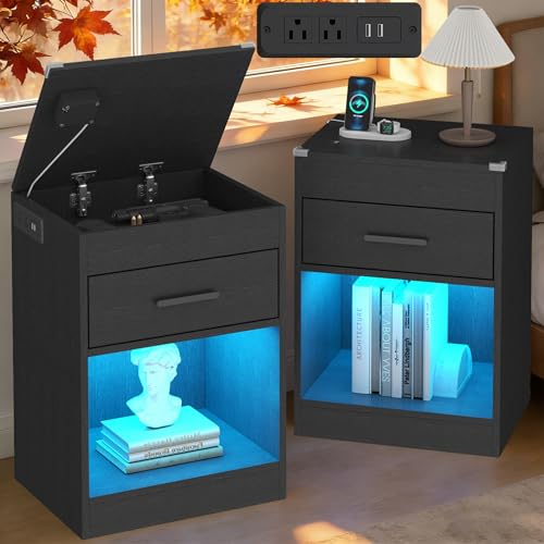 Gyfimoie Black Nightstand Set of 2 with Charging Station LED Night Stand with Drawer Storage & RFID Lock Cabinet Smart Nightstand for Hidden Compartment Wooden Modern Bedside Table for Bedroom
