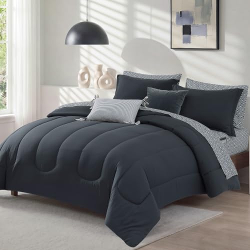 Image of Monbix Full Size Comforter Set - 7 Pieces Bed in a Bag Full, Blue Grey Track Stitching Bedding Sets, All Seasons Comforter Bed Set with Sheets, Pillowcases & Shams
