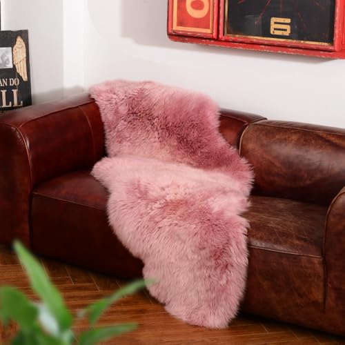 Premium Genuine Fur Sheepskin Rug Real Australia Sheepskin Natural Luxury Fluffy Lambskin Fur Area Rug Seat Covers for Kids Bedroom Sofa Chair Cover (Light Pink, Double Pelt/2ft x 6ft)
