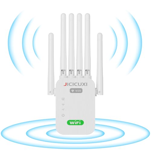 WLAN Verstärker, WiFi Repeater mit 6 Antennen, 5.000 m² Abdeckung & 50 Geräte, LAN-Anschluss, Access-Point-Modus, Cremeweiß