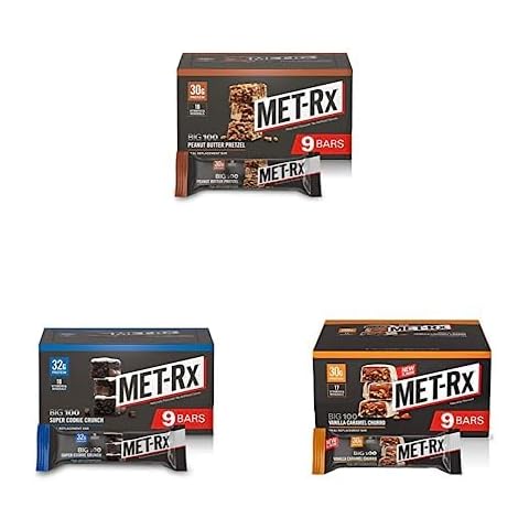 Bundle of MET-Rx Big 100 Colossal Protein Bars, Great as Healthy Meal Replacement, Snack, and Help Support Energy, 9 Peanut Butter Pretzel + 9 Super Cookie Crunch + 9 Vanilla Caramel Churro Cover