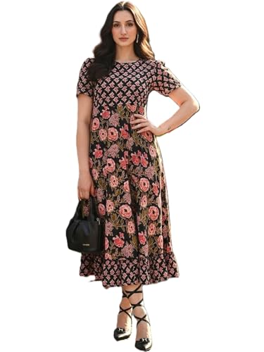 Image of Women's Floral Print Maxi Dress, Black with Pink Flowers, Short Sleeve, A-Line Style