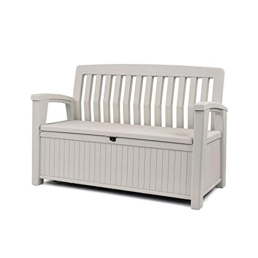 Keter 60 Gallon Storage Bench and Tool Box Organizer for Outdoor Garden Decor, Deck and Patio Furniture, Ivory