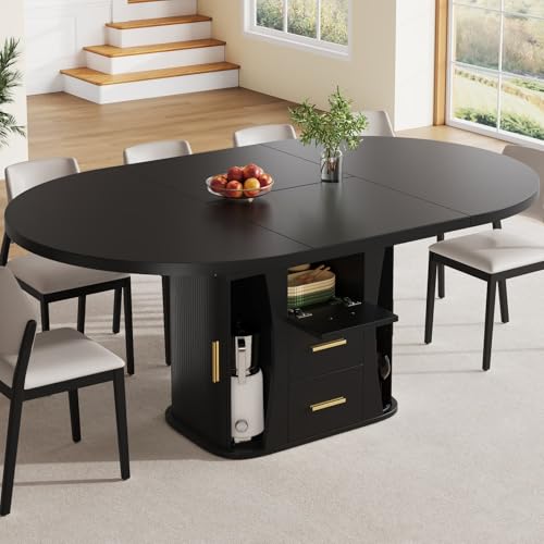 EURHCIO Table a Manger Extensible,Table Ronde 118-158×118x77cm,Extensible en Ovale,avec Espace de Rangement,pour 4-6 Personnes,pour Cuisine Salon et Bureau...