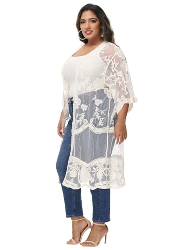 Anna-Kaci Women's Plus Size Lace Cardigan Embroidered Long Kimono Dusters with Half Sleeves3