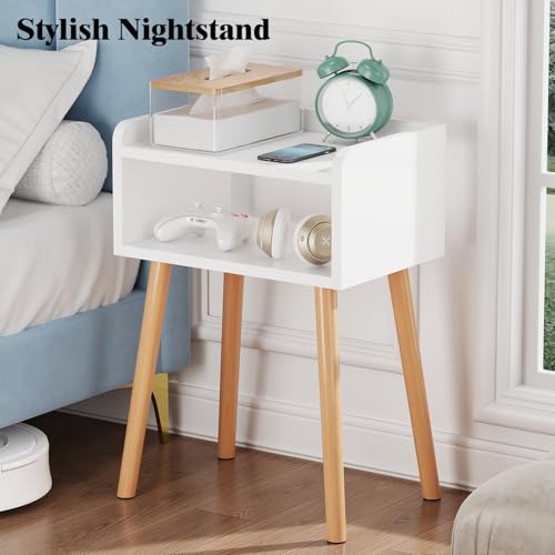 Image of LUCKNOCK Night Stand (White) Mid-Century Modern Bedside Table with Solid Wood Legs, Minimalist and Practical End Side Table.