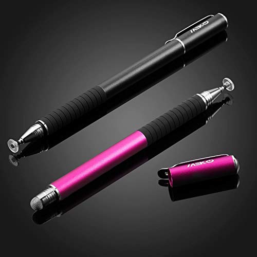 Meko(2 Pcs)[2 In 1 Precision Series] Disc Stylus/Styli For All Touch Screen Devices Bundle With 4 Replaceable Disc Tips, 2 Replaceable Fiber Tips - (Black/Pink) #TOP1