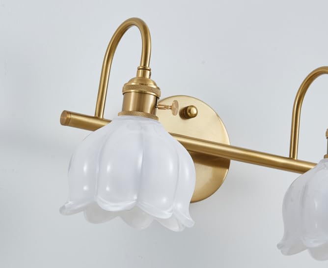 Image of Bathroom Light Fixtures, 3-Light Brass Vanity Wall Light with Amber Tulip Glass Shades, Vintage Wall Sconce Over Mirror for Bathroom, Bedroom, Living Room (Bulbs Not Included) (White, 2-Light)
