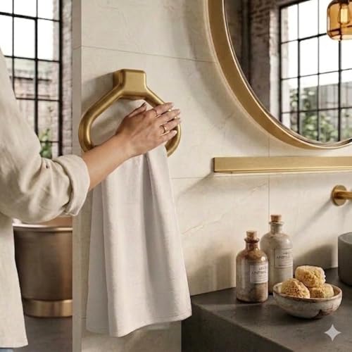 Image of Branco Modern Wall Mounted Towel Ring Holder | Self Adhesive Towel Ring for Bathroom | Premium Plastic Bathroom Hand Towel Hanger, Durable & Rust-Free, Easy Installation, Champagne Gold
