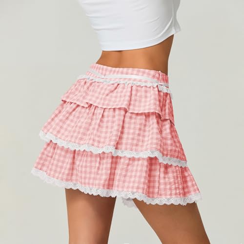 Women Y2K Plaid Lace Trim Ruffled Short Skirts Gingham Layered Mini Skirt Tiered A-line Short Skirt Dresses Streetwear4