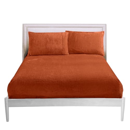 Sábana Bajera Ajustable de Forro Polar, térmica, cálida, elástica, Doble, Lavable, 100% poliéster, esponjosa, Naranja Quemado