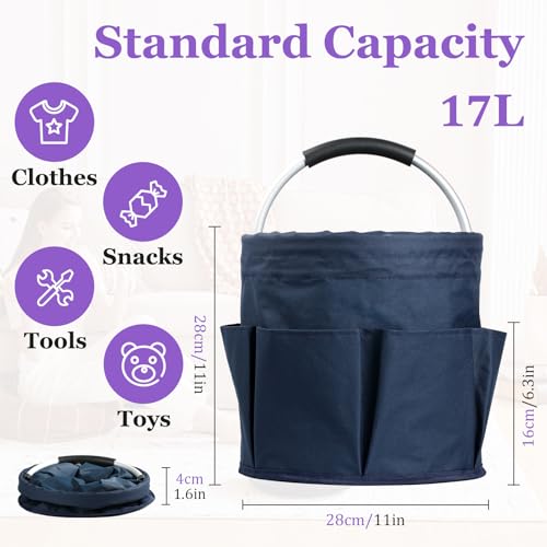 Image of 17L Cleaning Caddy with Handle, Portable Shower Caddy in 600D Oxford Fabric, Bucket Tool Organizer with 6 Side Pockets, Collapsible Storage Basket for Cleaning, Camping, Navy Blue
