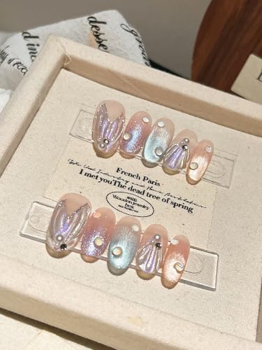 Faux ongles coquillage irisé réutilisables manucure strass et perles