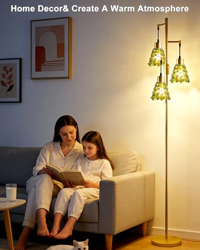 Image of 3-Light Modern Glass Floor Lamp, Gold Standing Tall Lamp with Cylinder Green Glass Shade for Reading, Dimmable LED Floor Lamp with 5Lbs Heavy Base for Living Room Bedroom Home Decor, Bulb Included