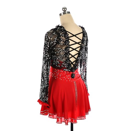 Vestido de patinação artística, flores de renda brilhantes strass competição de patinação artística