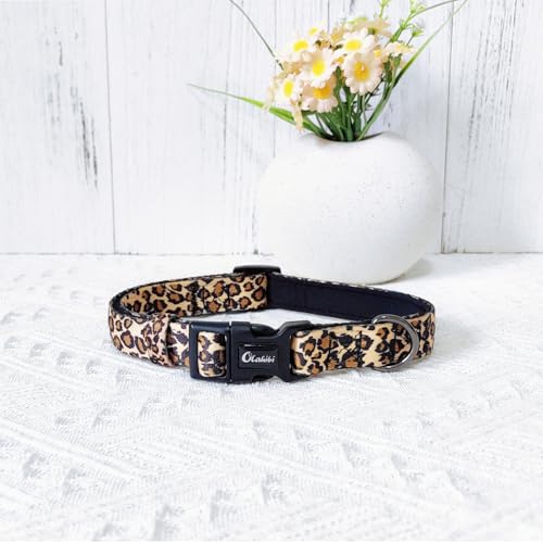 Olahibi Basic Hundehalsband, Polyester-Gurtband, gepolstert mit weichem Neopren, Leopardenmuster, für kleine Hunde (S, Brauner Leopard)