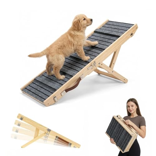Hunderampe aus Holz, Hundetreppe Hunderampe Klappbar für Sofa, Bett oder Auto, 4-stufig höhenverstellbar 23–45cm,Tragbare Hundeleiter Höhenverstellbar Haustiertreppe mit Anti-rutsch Teppich, bis 50 kg