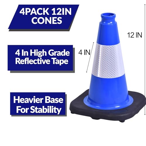 Image of BESEA 4 Pack 12 Inch Blue Traffic Cones with Wide Stable Base
