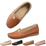 Orthopedic Leather Shoes, Lightweight, Anti-Slip, Breathable for Women Slip Breathable Slip On Loafers with Flower (Brown,9.5)
