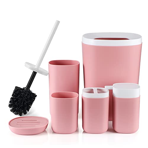 Otostar 6 Piece Bathroom Accessory Set Plastic Bath Accessories Bathroom Gifts Set with Soap Dispenser Toothbrush Holder Tumbler Soap Dish Toilet Brush Holder Trash Can Decor Countertop (Light Pink)
