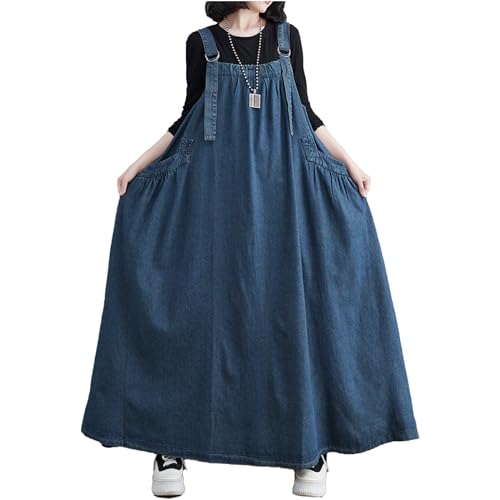 Denim Jumper Dress With Deep Pockets Maxi Length Loose Version Baggy Style Adjustable Straps Overall Dress2