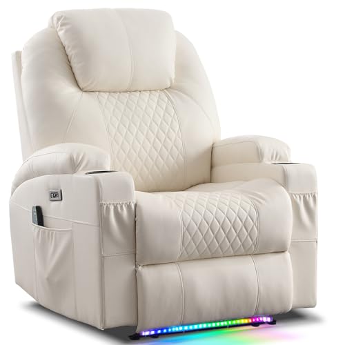 AHMED Power Recliner Chair with Vibration Massage & Heat for Adults, Faux Leather Home Theater Seating with Cup Holders/LED Lights/USB Ports/Side Pockets for Living Room, Beige