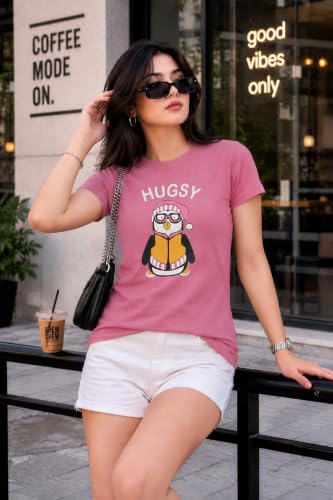 Image of Preneum Women's Graphic Printed T-Shirt, Round Neck Half Sleeve Casual Slim Fit Cotton Blend Tee, College, Office & Travel