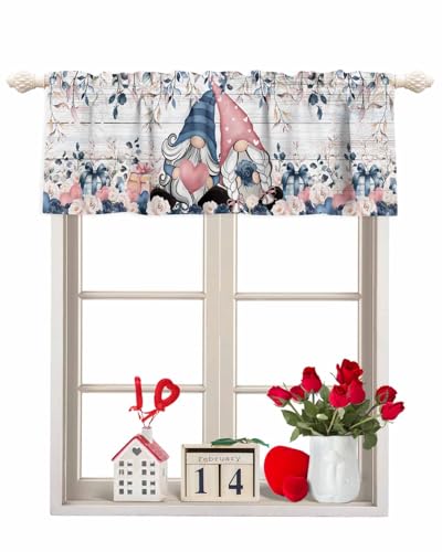 Valentines Curtain Valance for Windows Eucalyptus Leaves Gnome Heart Rose Rod Pocket Valance Window Treatments Blue Wood Short Curtains for Kitchen Windows Living Room Bedroom Decor 54x18in -  TweetyBed, GWC20241203-SLXM13258CLIATBD