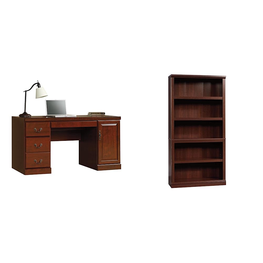 Sauder Heritage Hill Computer Credenza, L: 59.25" x W: 20.47" x H: 30.24", Classic Cherry & Select Collection 5-Shelf Bookcase, Select Cherry Finish