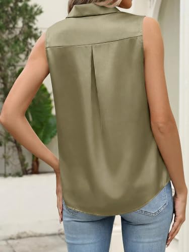 Image of Cicy Bell Womens Satin Sleeveless Button Down Shirts Work Blouse Silky Tops | V Neck, Collared Tank Tops, Professional, Office Clothes, Business Casual Outfits, Under Blazer Tops, Dress Down with Jeans