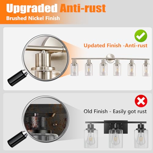Image of DLLT 6-Light Bathroom Light Fixtures: Nickel Modern Vanity Lights with E26 Bulbs - Clear Glass Shade Bathroom Wall Lamp for Mirror Kitchen Living Room Hallway Cabinet Porch