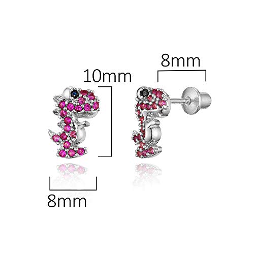 925 Sterling Silver Rhodium Plated Red Dinosaur Cubic Zirconia Screwback Baby Girls Earrings2