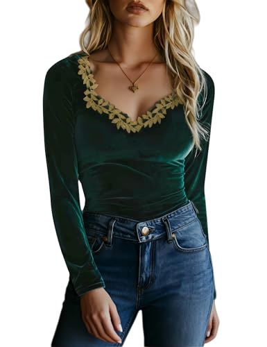 ZEEJINNG Womens Long Sleeve Velvet Tops Sweetheart Neck Slim Fit Dressy Casual Blouses Trendy Work Business Shirts Dark Green Large