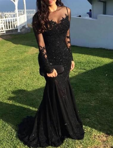 Mermaid Evening Gown Sequin Prom Dress Sparkle Formal Gown Sweep/Brush Train Long Sleeve Illusion Neck 20243