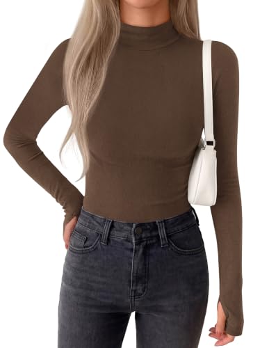 BTFBM Turtleneck Tops for Women Thumbhole Long Sleeve Shirts Brown