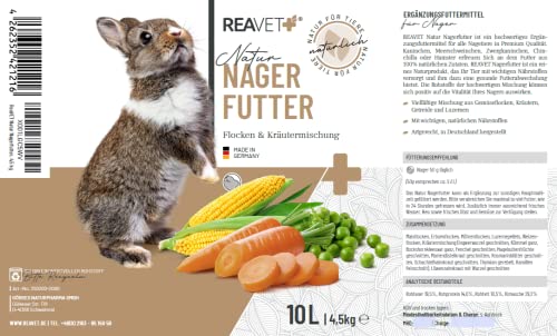 ReaVET Natur Nagerfutter 10 Liter - Kaninchenfutter, Meerschweinchen Futter, Hamster, Nager - Artgerecht mit Gemüseflocken, Kräutern, Getreide, und Luzerne, Ohne künstliche Zusätze – Bild 4