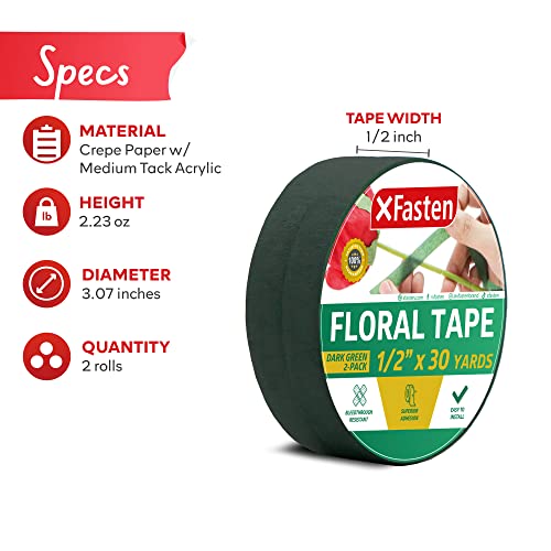Xfasten Wide Floral Tapes For Bouquet 1/2-Inch X 30 Yards - Dark Green (2-Pack) Bouquet Stem Wrap Tape For Florist – Waterproof Boutineer Tape For Flower Stem Wrap And Craft Adhesive #TOP1