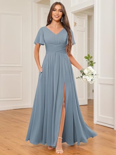 Chiffon Flutter Sleeve Bridesmaid Dresses with Slit Pockets V-Neck Long A-Line Ruched Formal Wedding Party Dress4