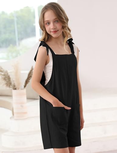 Image of Girls Romper Sleeveless Adjustable Tie-Up Strap Short Jumpsuits Summer Clothes with Pocket 5-12 years