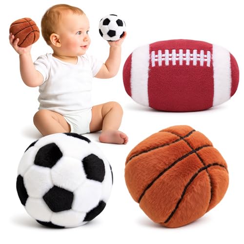 Baby Ball Toys 0-6 Months, Newborn Plush Rattle 3pcs Football Basketball Soccer Sports Set-Sensory Toys with Rattles for 0 3 6 9 12 Months Infant Boys...