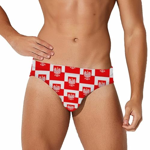 Poland Flag with White Royal Ea-gles Printed Swim Briefs for Men Sexy Bikini Swimwear Elastic Beach Trunks Bathing Suit